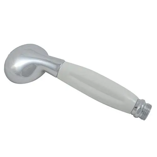 Handbrause mit einem chromierten Kopf und einem weißen Griff. Das Produkt ist ein Ersatzteil von Kludi und hat eine standardisierte Schraubverbindung.